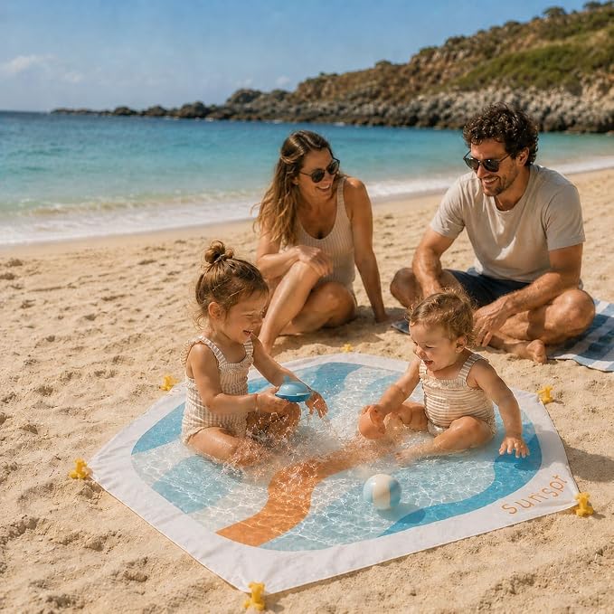 SUNSPOT 5ft Kids Beach Pool – Portable In-Ground Sand Liner with 8 Anchors, Fun Filling Bucket & Travel Carry Bag. The Ultimate Pop-Up Wading Splash Pool for Toddlers and Infants (Funky Waves)