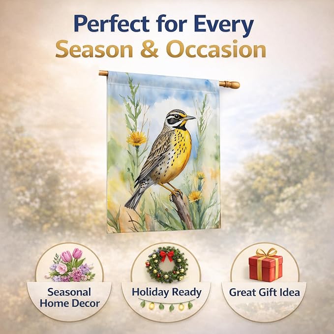 Caroline's Treasures North Dakota Western Meadowlark House Flag Large Porch Sleeve Pole Decorative Outside Yard Banner Artwork Wall Hanging, Polyester, House Size, Multicolor