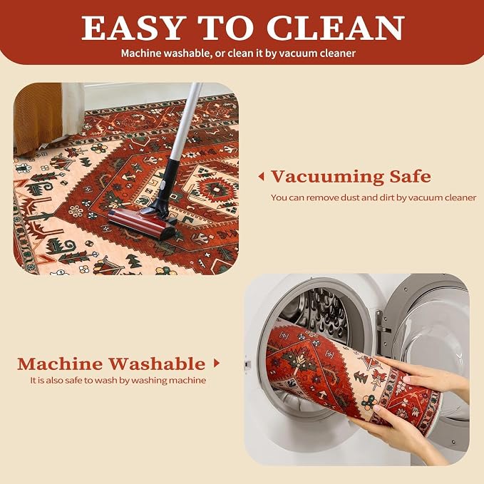 SERISSA 2x3 Washable Non Slip Boho Small Area Rug for Entryway | Ultra Soft Vintage Oriental Carpet Low-Pile Terracotta Green Indoor Mat for Bedroom Kitchen Bathroom Entrance Floor