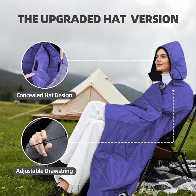 Large Waterproof Outdoor Blanket Thick Fleece 80" x 58" | Windproof Stadium Blanket, Wearable Poncho, Machine Washable for Camping, Car, Pet, Picnics - Purple Hooded
