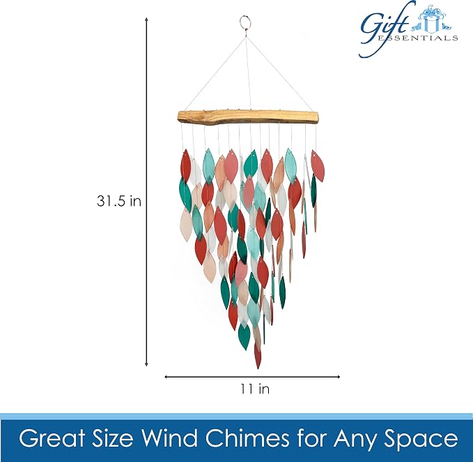 Blue Handworks Coral and Teal Deluxe Waterfall Glass Wind Chime | Handcrafted Deluxe Waterfall Glass Wind Chime in Deep Forest Teal, Bright Aqua, Vivid Coral Orange and Soft Peach