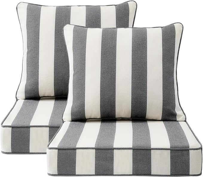 Unimatta Outdoor Patio Chair Cushions Set, 24" x 24"(24x24 Back), Set of 2, Water-Repellent, Fade Resistant, Deep Seat Bottom and Back Cushion for Backyard, Couch, Sofa, Gray Stripe