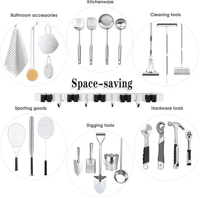 2 Pack Mop and Broom Holder Wall Mount, 5 Racks and 4 Hooks Broom Organizer Storage Tool Racks Stainless Steel Heavy Duty Hooks Self Adhesive Solid Non-slip for Home Kitchen Garden Laundry Garage | Mop Holder Wall Mount and Broom Hanger for Garage, Lau...