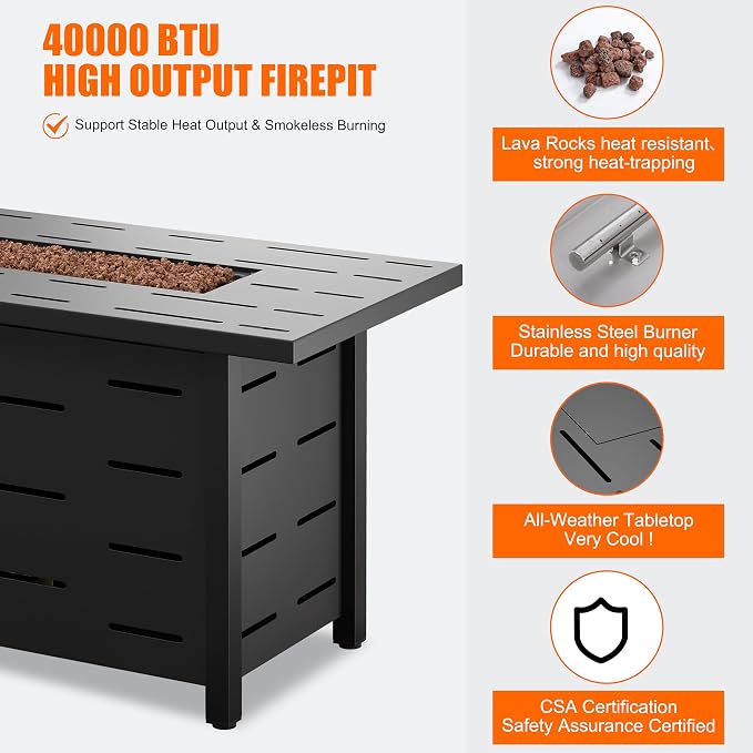Shintenchi 44" Outdoor Propane Fire Pit 50,000 BTU Gas Fire Pit Table with Lid, Waterproof Cover, Rectangle Gas Firepit Table for Garden/Patio, CSA Certification, Black