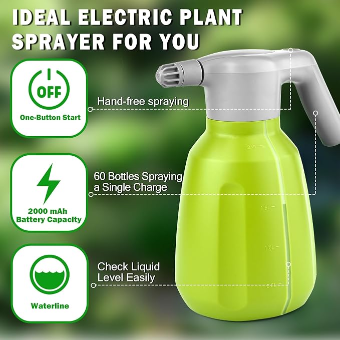 Electric Spray Bottle 2L/0.5 Gallon Plant Mister, Automatic Watering Can Rechargeable Battery Powered Garden Sprayer with Adjustable Nozzle for Plants Fertilizing,Weeding and Cleaning (Green)