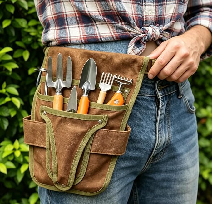 Gardening Tool Pouch for Waist, Hands-Free Canvas Tool Belt with 6 Pockets – Adjustable Waist Apron for Gradenging Tools (Gardening Tools NOT Included)-(Brown)