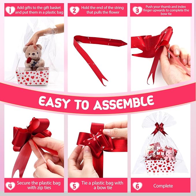 Qinyoung 12 Pack Valentine's Day Baskets for Gifts Empty Red White Heart Gift Basket with Handles, Pull Bows, Cellophane Bags and Twist Ties for Valentine Party Favor Supplies, 9.8 x 6.5 Inch
