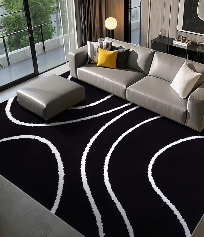 Black Modern Area Rugs 8x10,Large Black and White Rugs for Living Room,Wave Washable Rug 8x10,Thin Abstract Geometric Rug,Minimalist Striped Rugs for Bedroom,Office
