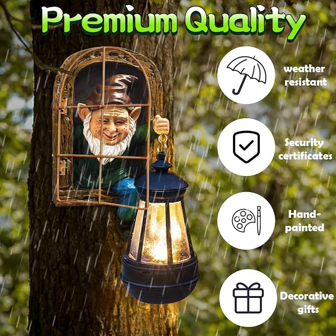 Garden Gnome Statue with Solar Lights Mom Dad Gifts Summer Decor Fairy Garden 10 in Elf Outdoor Tree Hugger Statues- Tree Face Sculpture, Yard Art for Patio,Fence,Lawn,Wall Gnomes Ornament