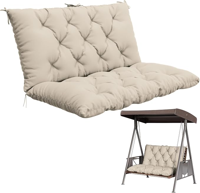 Porch Swing Cushion with Backrest,Waterproof Bench Cushion for Outdoor Furniture,2-3 Seater Replacement Thickened 5 in swing cushion,with Ties,Patio,Outdoor,Backyard and Cream (Cream,40x40 in)