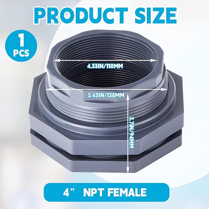 1 Pcs 4 Inch Bulkhead Fitting PVC Water Tank Connector Plumbing Pipe Threaded Bulkhead Fitting NPT for Rain Barrels, Water Tanks, Aquariums, Tubs, Pools