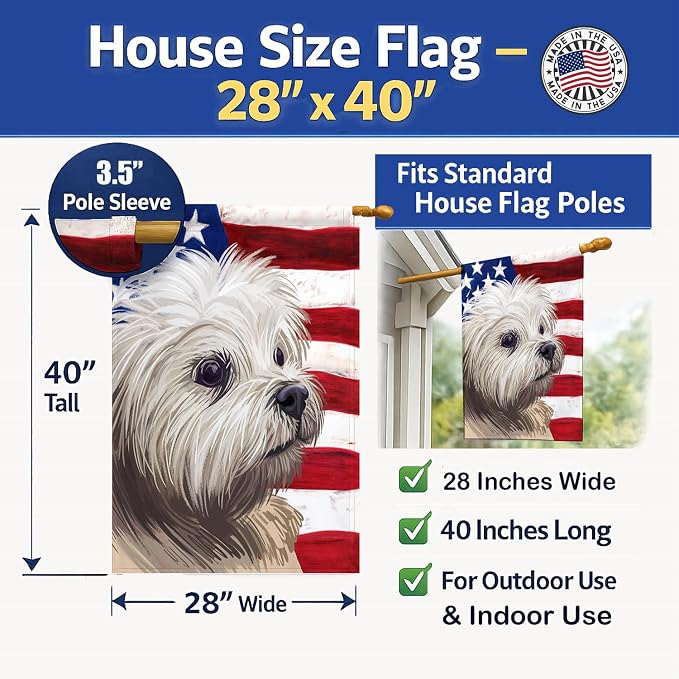 Caroline's Treasures CK6608CHF Lowchen American Flag House Flag Large Porch Sleeve Pole Decorative Outside Yard Banner Artwork Wall Hanging, Polyester, House Size, Multicolor