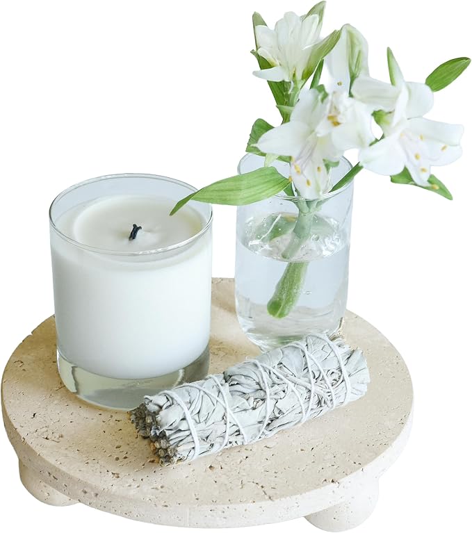 100% Natural Travertine Footed Tray – Round Stone Display Pedestal Stand Riser with 3 Ball Legs, Neutral Decorative Catchall for Vanity, Kitchen, Bathroom, Living Room, Soap, Perfume, Candle, 7.9''