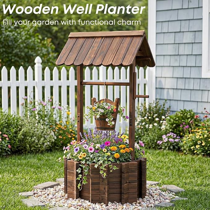 Wishing Wells for Outside,Wooden Wishing Well Planter,Rustic Flower Planter for Garden Patio Lawn Backyard Home Decor-21.7X21.7X47.25IN