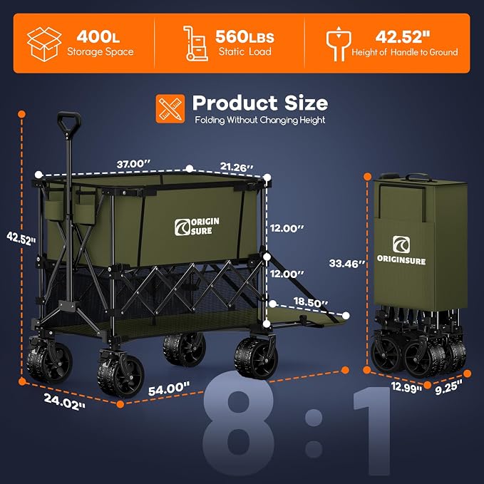 Originsure 400L Double Decker Wagon Collapsible with 54" L Tailgate, 560lbs Heavy Duty Carts Foldable, Extra Large Folding Beach Wagon with Big All-Terrain Wheels for Camping, Sports, Groceries, Green