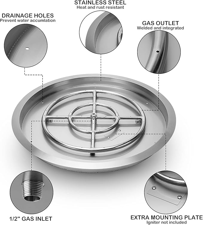 Stanbroil 19-Inch Round Fire Pit Burner Pan, Drop-in Gas Fire Pit Inserted for DIY Natural & Propane Gas Fire Table, Stainless Steel Firepit for Outside, BTU 92,000 Max