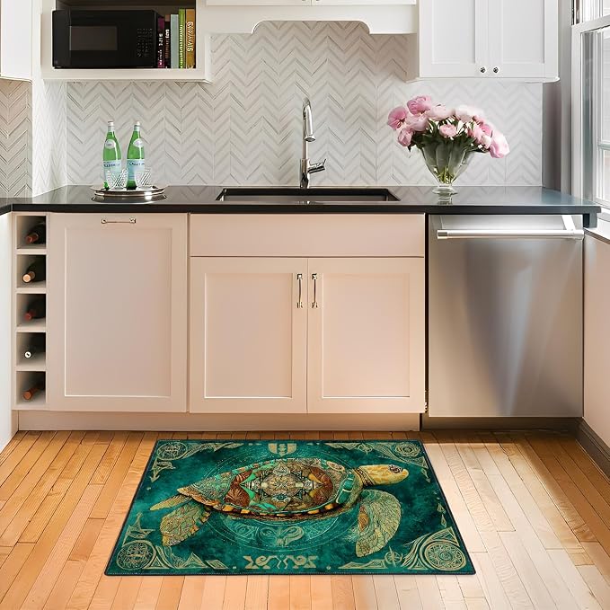 Sea Turtle 2x3 Entry Rug,Washable Small Rugs for Entryway Kitchen Bathroom Door Mat Indoor Entrance,Non Slip Rubber Backing,Stain & Fade Resistant,Boho Coastal Decor