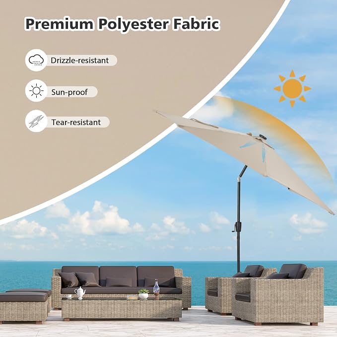 HAPPYGRILL 10 FT Solar Patio Umbrella with 112 LED Light, Outdoor Umbrella with Tilt Adjustment, Crank System, 8 Metal Ribs & Vented Top, Deck Table Market Umbrella for Garden Pool Deck Yard