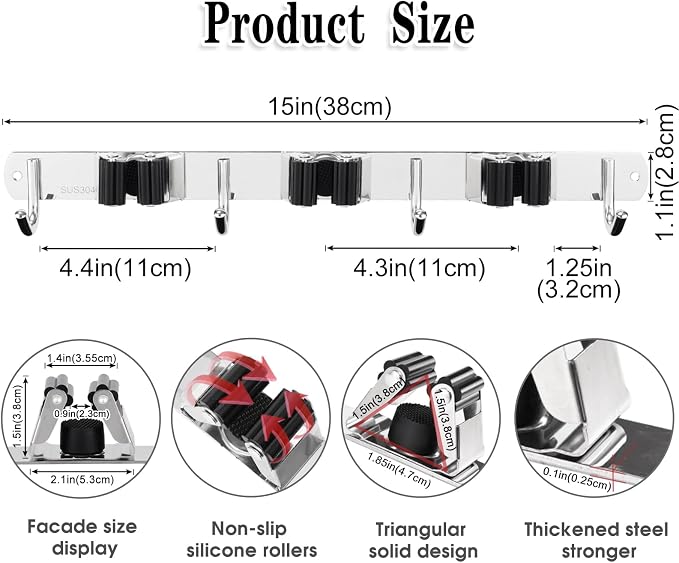 2 Pack 3 Racks and 4 Hooks Broom and Mop Holder Wall Mounted Garage Organizer Storage Tool Racks Stainless Steel Heavy Duty Hooks Self Adhesive Solid Non-slip Wall Hangers for Home Kitchen Garden | Mop Holder Wall Mount and Broom Hanger for Garage, Lau...