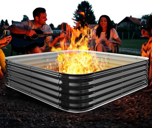 Height 16.5 Inch, Square Galvanized Steel Fire Pit for Outside, Heavy Duty Steel Fire Pit In-Ground for Backyard, Camping, Bonfire, Flower Raised Garden Bed for Garden (4x4x1.5ft)
