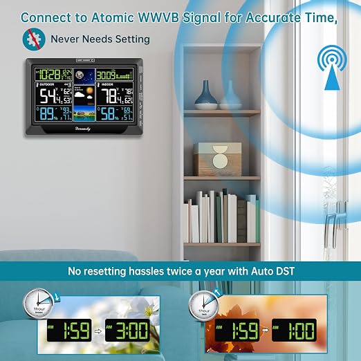 DreamSky Weather Station Indoor Outdoor Thermometer Wireless for Home | Digital Atomic Clock, Large Display with Dimmer, Inside Outside Temperature Humidity Monitor, Auto DST (Plug-in)