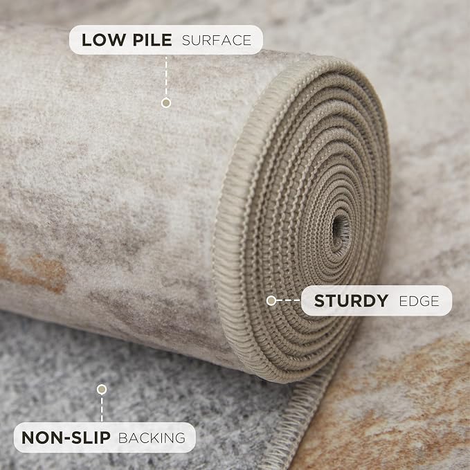 Joydeco 2x6 Modern Abstract Washable Runner Rug – Low Pile Faux Wool with Non-Slip Backing, Neutral Print Carpet Runner for Hallway, Kitchen, Entryway and Bedroom, White&Grey&Brown