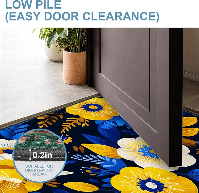 Navy Blue Yellow Floral 2x3 Entry Rug,Washable Small Rugs for Entryway Kitchen Bathroom Door Mat Indoor Entrance,Non Slip Rubber Backing, Stain & Fade Resistant, Vibrant Boho Decor