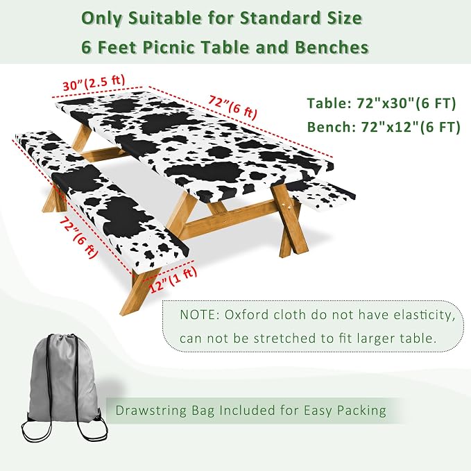 Picnic Table Cover with Bench Covers Camping Essentials Reusable Waterproof Windproof Camping Tablecloth Fitted Rectangle Tables and Seats, 72in, Black Cow Print