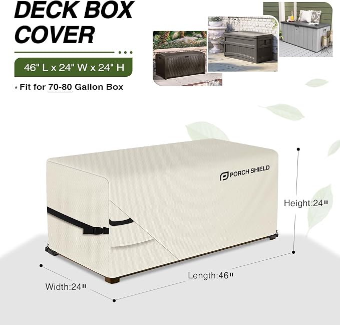 Porch Shield Patio Deck Box Storage Cover - 600D Outdoor Waterproof Cover for 70-80 Gallon Box Tear Resistant Rectangular Fire Pit Table Covers 46 x 24 x 24 inch Beige