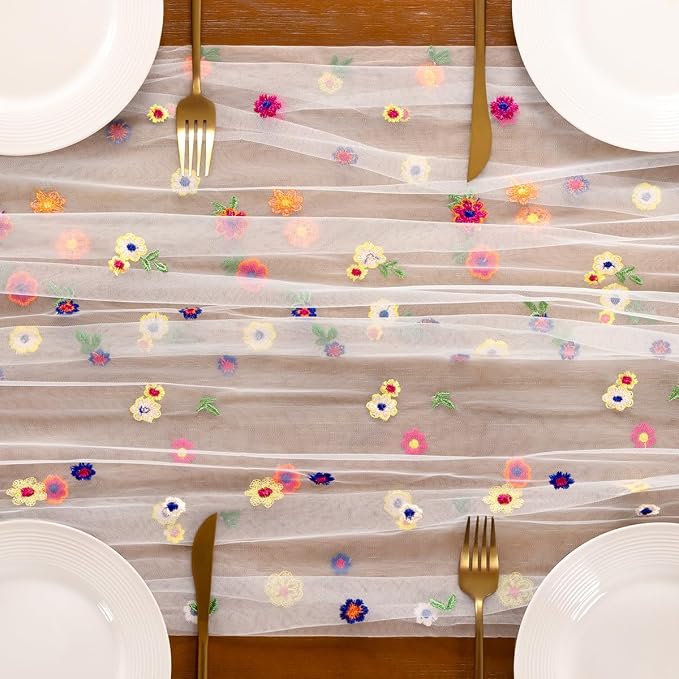 Socomi Flower Table Runner Summer Daisy Floral Tulle Gauze Cheesecloth Embroidery Table Runners for Tea Party Garden Wedding Bridal Baby Shower Birthday Picnic Decor Ivory 3pcs