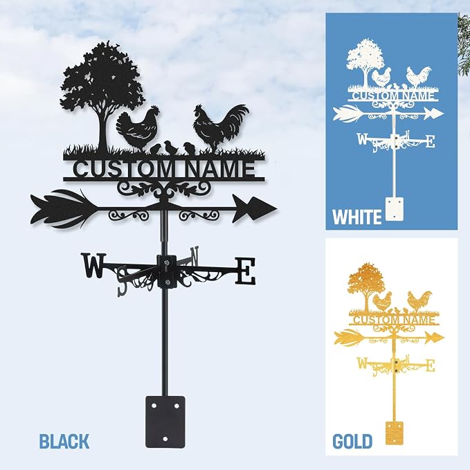 Personalized Metal Weather Vane, Custom Name Weathervane, Chicken Coop Signs, Weather Vanes for Outside, Wind Vanes for Farmhouse Yard Shed Decor, Housewarming Gifts Color09