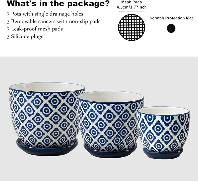 Ceramic Pots for Indoor Plants - 3.5"+4.6"+5.6" Flower Pots with Drainage Holes and Saucers - Succulents Plant Pots for Orchid, Cactus, Pothos, Herbs, Home Office, Set of 3, Vintage Blue, Dot