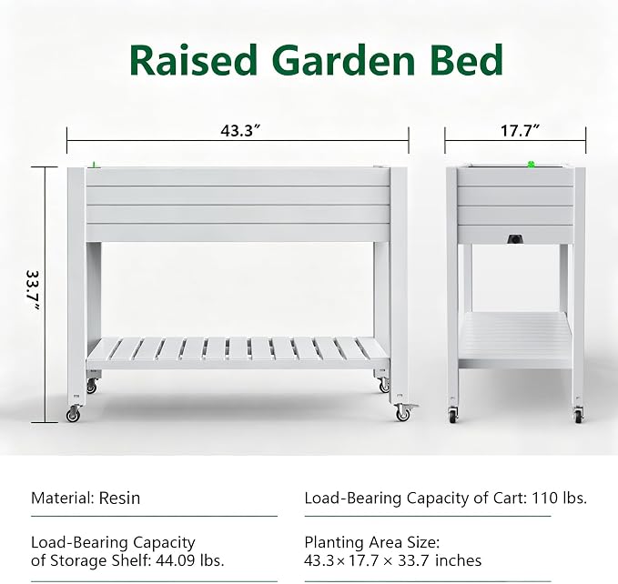 Vixzen 33.7" Tall Raised Garden Bed Outdoor with Wheels & Shelf, Divisible Resin Planter Box with Drainage Gauge, Planter Bed Box for Vegetables/Herbs, Backyard, Patio, Balcony, Ashen (33.7" H)