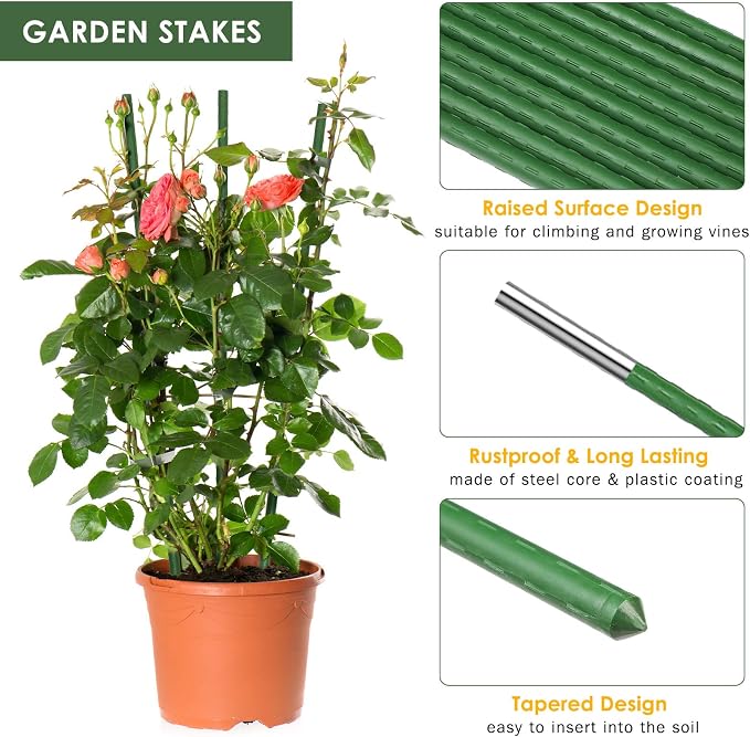 Tanlade 100 Pack 5 Ft/60 Inches Garden Plants Stakes Tomato Stakes Steel Metal Plant Sticks Support with Plastic Coated Sturdy for Tomato, Beans, Peppers, Trees, Outdoor Indoor Climbing Plants