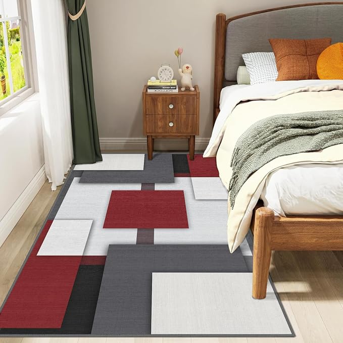 Red and Black Area Rug 3x5 for Bedroom Geometric Mid Century Rug | Washable Modern Rugs Low Pile Non-Slip Abstract Floor Carpet for Kitchen Living Room Dining Room Bedroom Entry