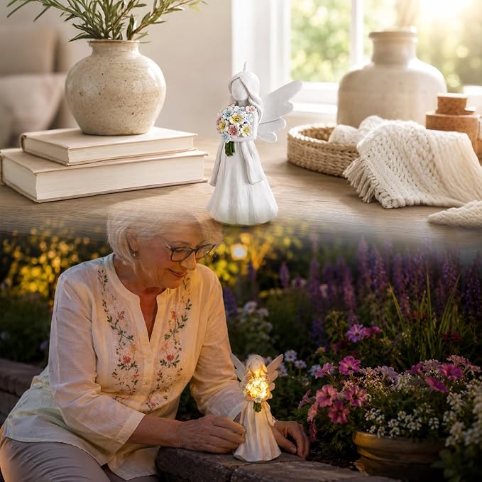 Solar Angel Statue with Bouquet LED Light Garden Decor | Hand-held flower bouquet design, solar powered LED auto-on at dusk, gifts for mom grandma, for patio yard lawn porch