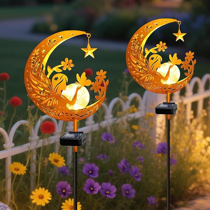 Solar Garden Lights Waterproof, Gift for Women Mom Grandma Wife Daughter, Fairy Pathway Stake Light, Glass Globe with Moon Fairy Decor, Outdoor Decor Light for Walkway Yard Lawn Patio Courtyard Garden