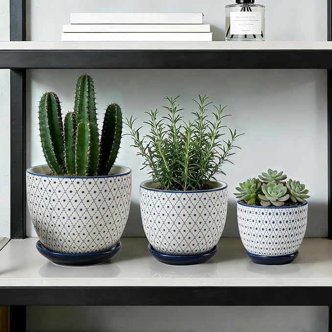 Ceramic Plant Pots - 3.5+4.6+5.6 Inch Flower Pots for Indoor Plants - Planters with Drainage Holes and Saucers Orchid, Herbs, Succulent, Cactus, Home Decor, Set of 3, Vintage Blue, Star