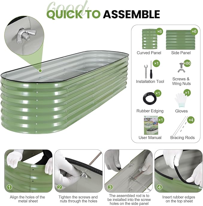 G GOOD GAIN Raised Garden Beds - 8x2x1.4ft Galvanized Planter Boxes Kit with Protective Tape & Gloves & Tools | Oval Metal Outdoor Raised Bed for Gardening Vegetables, Fruits, Flowers, Herbs, Oliver