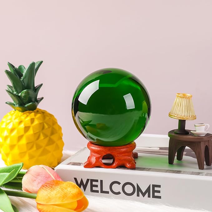 Small Green Crystal Ball 60mm/2.3 inch with Rose Wooden Stand and Gift Box for lensball Photography,Fortune Teller,Feng Shui, Witchcraft Decor,Scrying,Magic,Crystal Orb Prop Decorative Glass Sphere