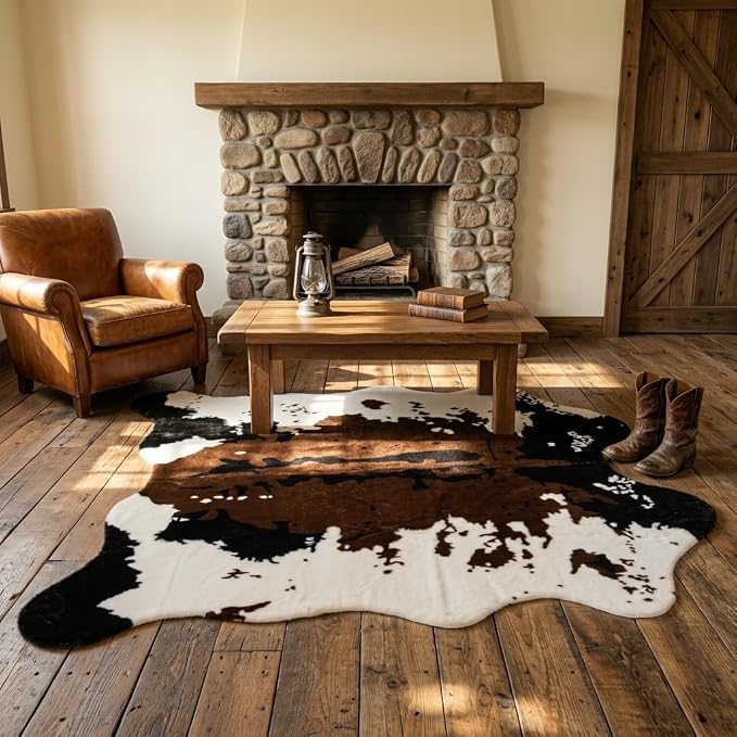 MustMat Faux Cowhide Rug 4'7"×5'3",Cow Print Western Ranch Decor | Brown/White Cow Rug For Bedroom, Entryway, Living Nooks. Western Rustic Style, Great For Cowboy Birthdays & Holidays