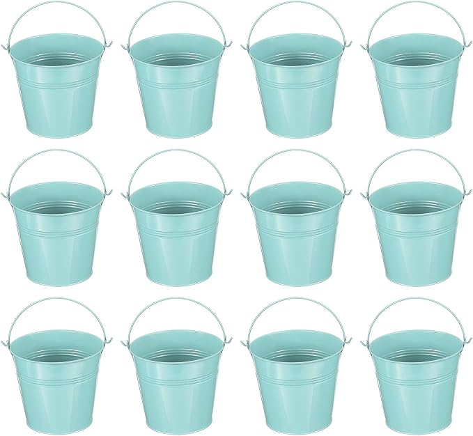 PATIKIL 5.1"x4.7" Small Metal Buckets with Handle, 12 Pcs Mini Galvanized Bucket Colorful Easter Buckets for Crafts Party Favors Decoration, Light Blue