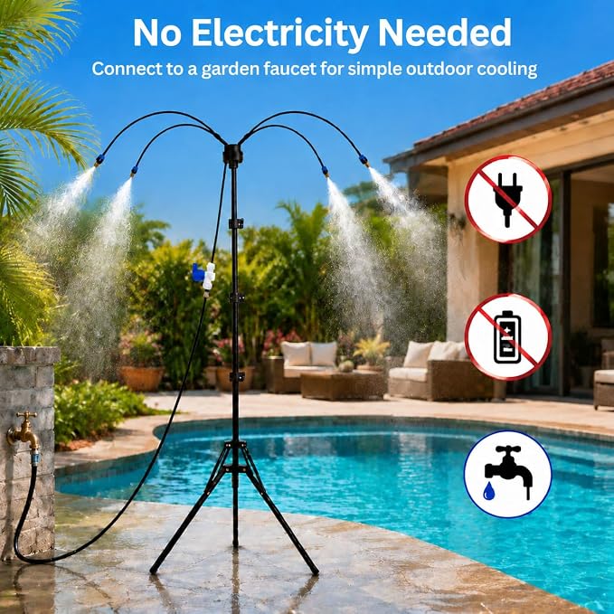 Standing Misters for Outside Patio, Portable Misting System with 5.3Ft Adjustable Height, 26Ft Water Hose and Stable Tripod Base for Backyard Pool Garden Cooling