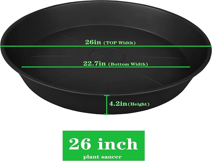 2 Pack of 25 26 inch Plant Saucer Round, 4.2" Depth Tray, Large Plant Saucers 24" 26" for Pots, Heavy Duty Plastic Flower Plant Water Trays for Indoors Outdoor, Plant Drip Trays (Black)