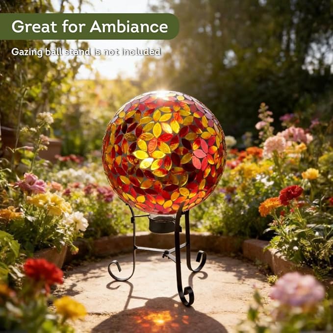Lily's Home Colorful Mosaic Glass Gazing Ball, Designed with a Stunning Holographic Petal Mosaic Pattern to Bring Color and Reflection to Any Home and Garden, Red and Gold (10" Diameter)