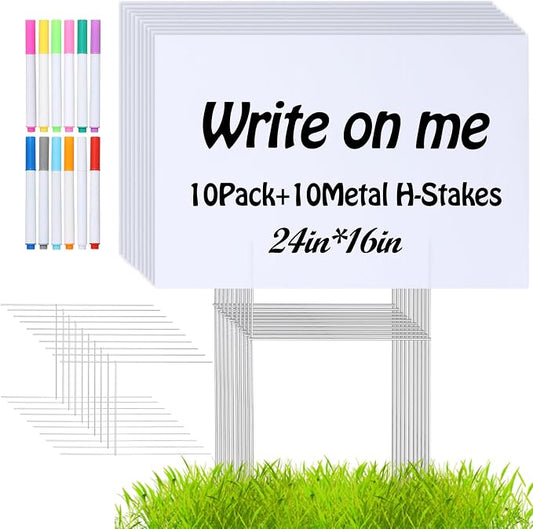10 PACK 24 x 16 Inches Blank Yard Signs - Waterproof Corrugated Plastic Signs, Blank Yard Signs with Stakes for Gardens, Parks, Warnings, Fairs, Commercials, Garage Sale Signs, Advertising