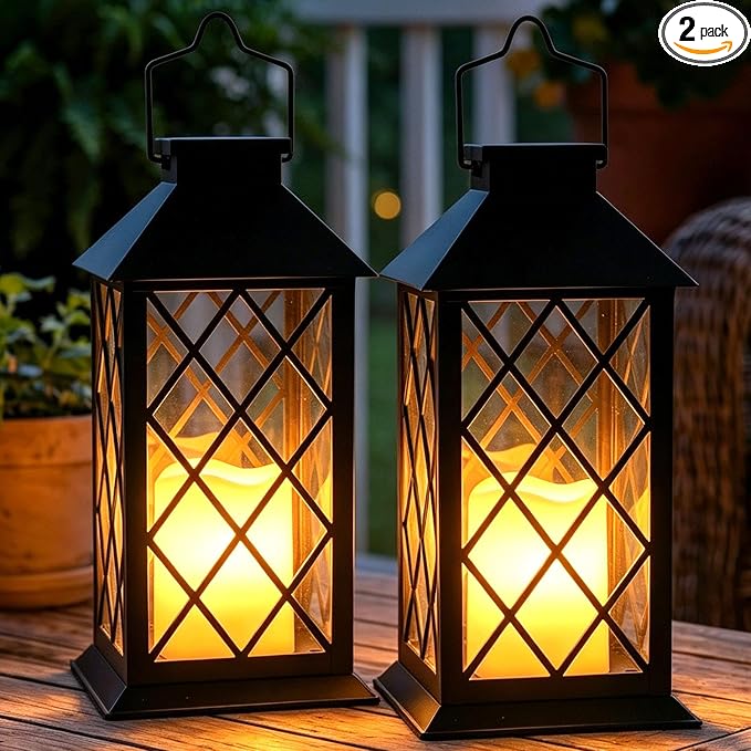 2 Pack 14" Large Tempered Glass Solar Lanterns Outdoor Waterproof, Hanging Solar Lights with Flickering Flameless Candles, Solar Lantern for Wall Porch Patio Table Garden Decoration (Black)
