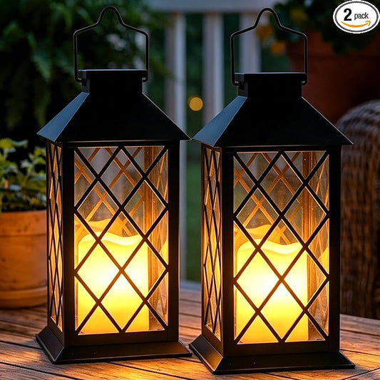 2 Pack 14" Large Tempered Glass Solar Lanterns Outdoor Waterproof, Hanging Solar Lights with Flickering Flameless Candles, Solar Lantern for Wall Porch Patio Table Garden Decoration (Black)
