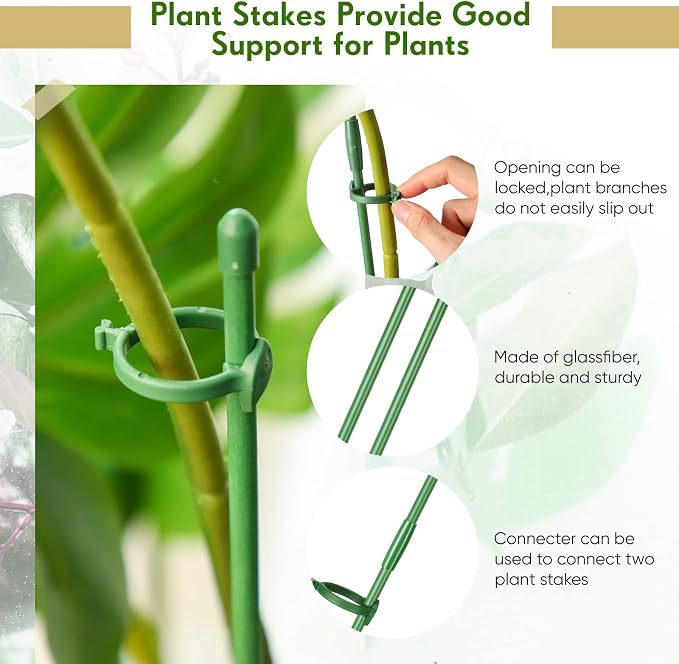 meekoo 30 Pcs 12 Inch Adjustable Plant Support Stakes for Indoor Outdoor Garden Orchid Stick Single Stem Plant Cage Support Rings with Clips and Connect Pipe for Tomato Flowers, Potted Plants (Green)