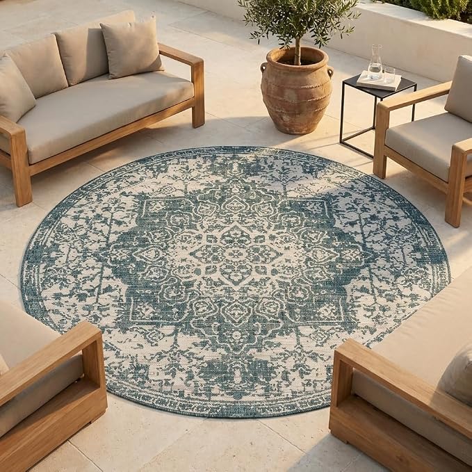 Unique Loom Jill Zarin Outdoor Collection Area Rug - Dubai (6' 7'' Round, Teal/ Ivory)